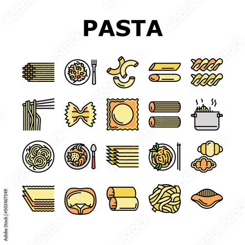 Pasta Delicious Food Meal Cooking Icons Set Vector. Ravioli And Tortellini, Spaghetti And Pasta, Macaroni And Fusilli, Cannelloni And Lasagna. Cooked Dish Plate Nutrition Color Illustrations