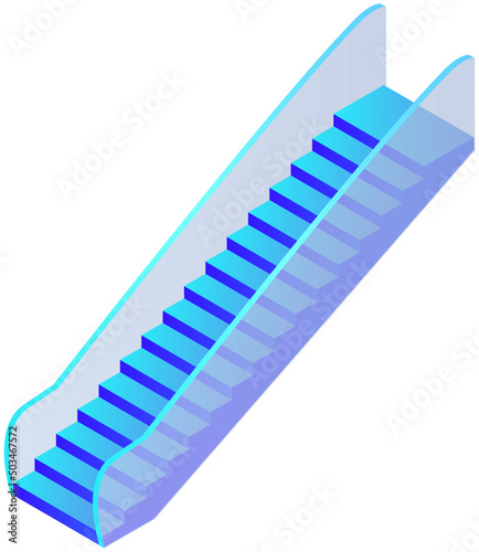 Modern architecture stair, lift and elevator. Escalator, mobile ladder for transporting people. Hoisting-and-transport vehicle with stairs and handrails. Automatic escalator vector illustration