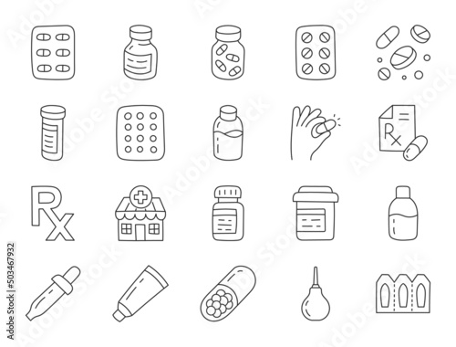 Pharmacy doodle illustration including icons - pills bottle, pipette, capsules, tablets blister, vitamin, cough syrup, contraceptives and supplements. Thin line art about drug store. Editable Stroke