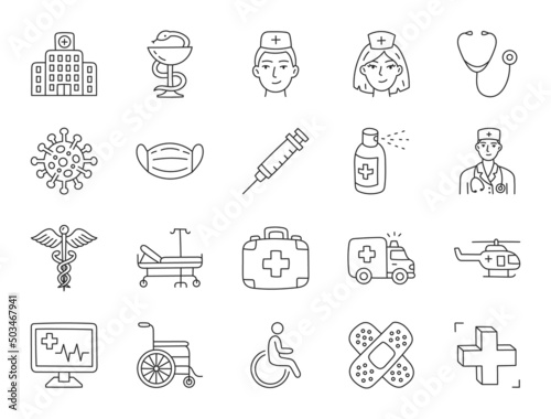 Medical hospital doodle illustration including icons - doctor, nurse, ambulance, wheelchair, caduceus, spray, syringe, bowl of hygeia, pharmacy. Thin line art about healthcare clinic. Editable Stroke.