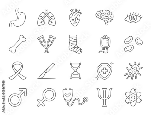 Medical specialization doodle illustration including icons - stomach, urology, cardiology, heart, pulmonology, immunologist, therapist, psychologist. Thin line art about healthcare. Editable Stroke.
