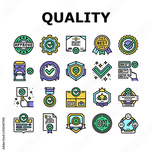 Quality Approve Mark And Medal Icons Set Vector. Product Quality Approve Certificate Document With Checkmark And Stamp Of Guarantee. Service Successful Check And Analysis Color Illustrations