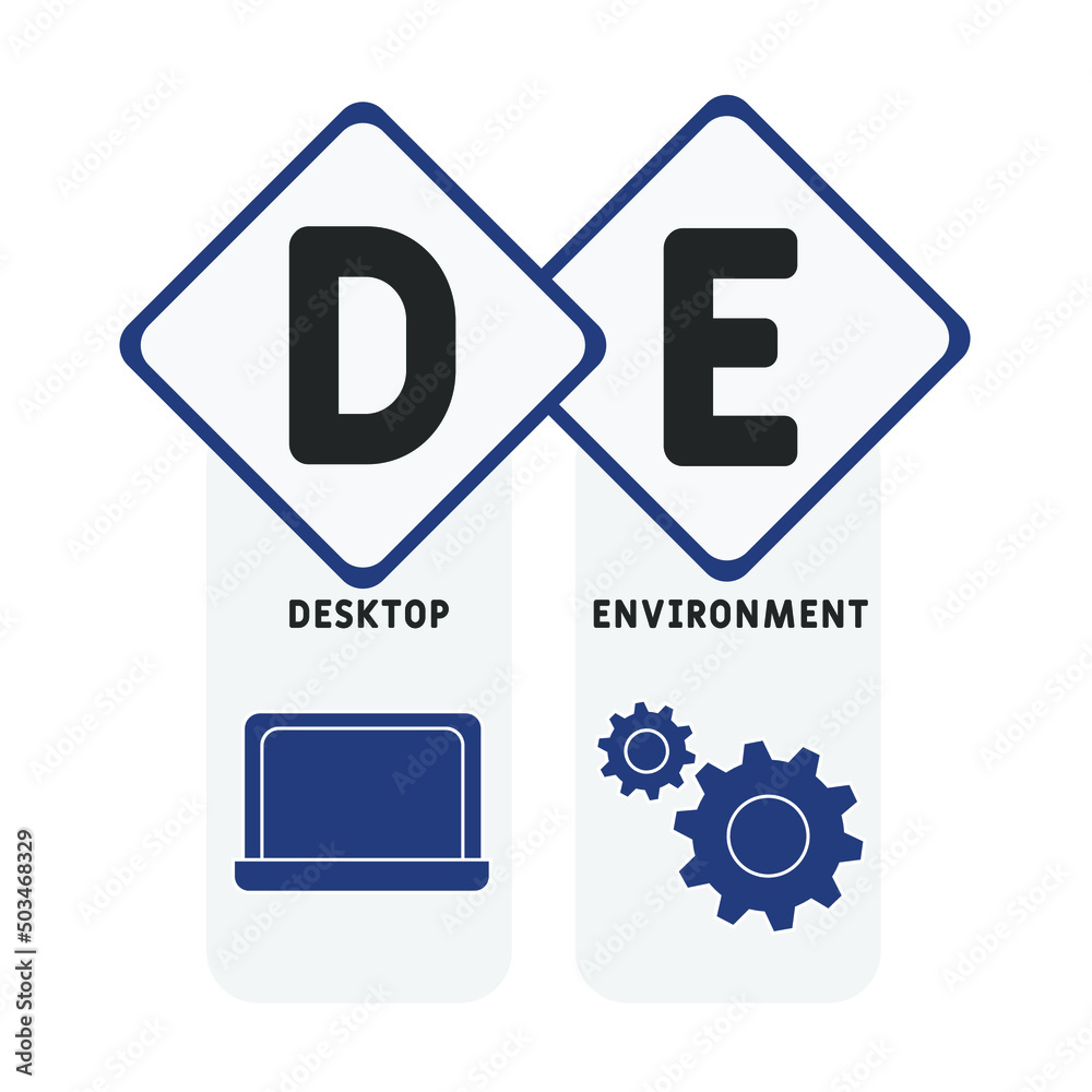 DE - Desktop Environment acronym. business concept background. vector illustration concept with keywords and icons. lettering illustration with icons for web banner, flyer, landing pag DE - Desktop Environment acronym. business concept background. vector illustration concept with keywords and icons. lettering illustration with icons for web banner, flyer, landing pag