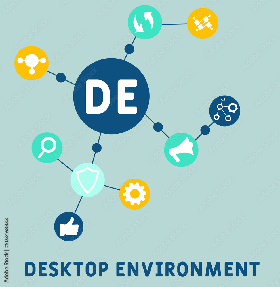 DE - Desktop Environment acronym. business concept background. vector illustration concept with keywords and icons. lettering illustration with icons for web banner, flyer, landing pag DE - Desktop Environment acronym. business concept background. vector illustration concept with keywords and icons. lettering illustration with icons for web banner, flyer, landing pag