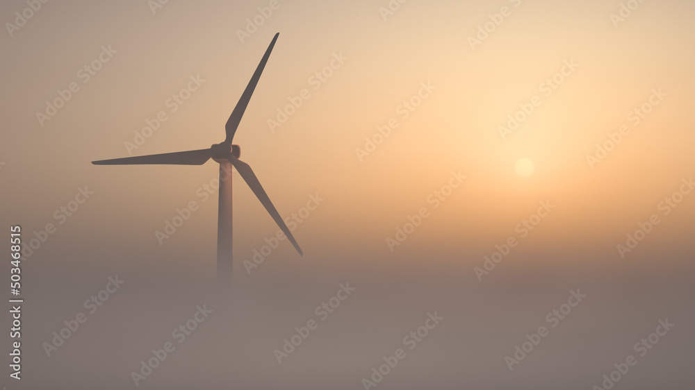 Wind generator on a foggy morning against the backdrop of the rising sun. Green energy theme Wind generator on a foggy morning against the backdrop of the rising sun. Green energy theme