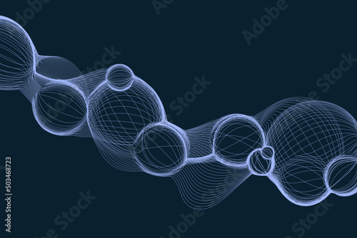 Sapphire wireframe bubbles. Navy blue technology vector background. Abstract motion art in futuristic style