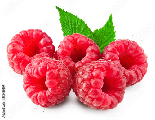 ripe raspberries with green leaf isolated on white background. clipping path