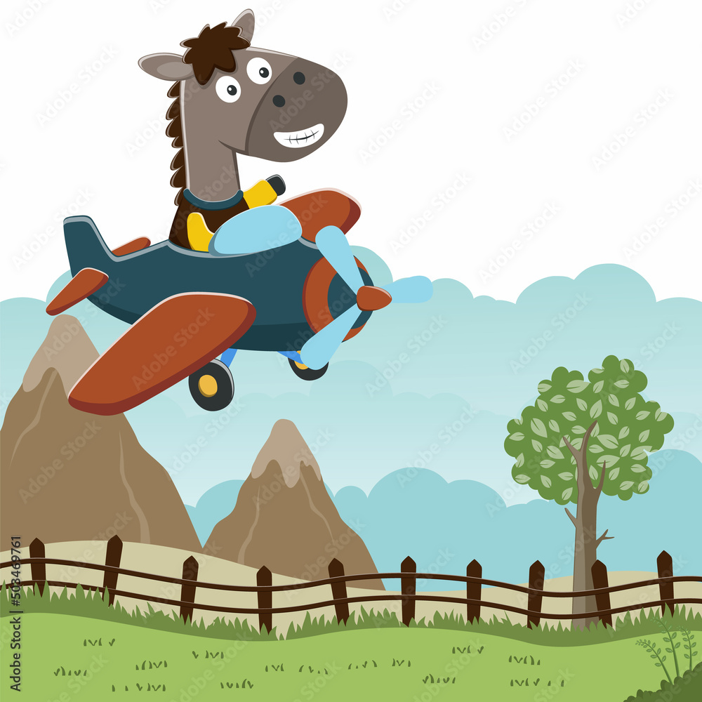 Vector illustration of funny horse flying on a airplane. Vector
