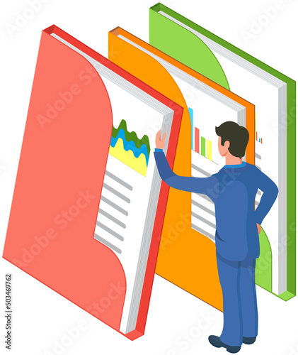 Analytics information and development statistics. Web analysis measure, product testing technology. Man analyses dashboard seo optimization, digital report. Statistical indicators and data on diagram