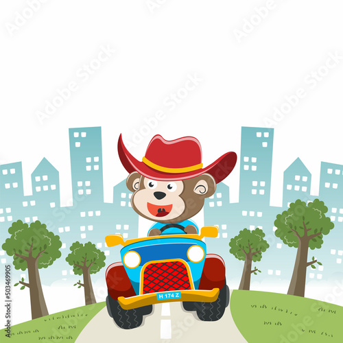 Cute monkey cartoon having fun driving off road car on sunny day. Vector childish background for fabric textile, nursery wallpaper, card, poster and other decoration. Vector illustration.