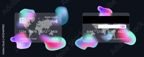 Credit card mockup in glassmorphism style. Front and backside. Translucent bank card. Vector EPS 10