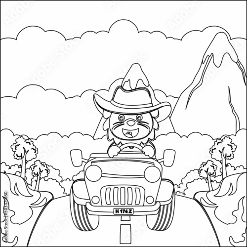 Cute lion cartoon having fun driving off road car on sunny day. Cartoon isolated vector illustration, Creative vector Childish design for kids activity colouring book or page.