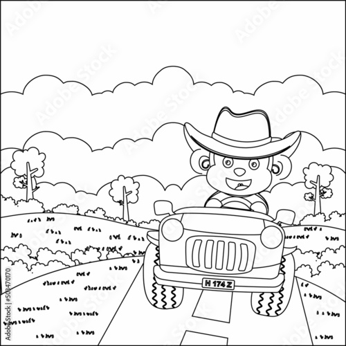 Cute monkey cartoon having fun driving off road car on sunny day. Cartoon isolated vector illustration, Creative vector Childish design for kids activity colouring book or page.