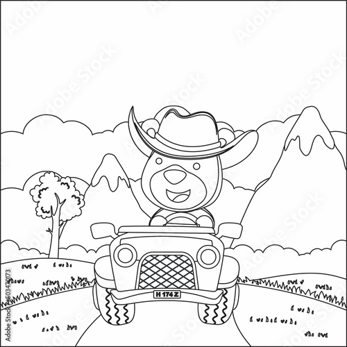 Cute bear cartoon having fun driving off road car on sunny day. Cartoon isolated vector illustration, Creative vector Childish design for kids activity colouring book or page.