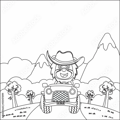 Cute lion cartoon having fun driving off road car on sunny day. Cartoon isolated vector illustration, Creative vector Childish design for kids activity colouring book or page.