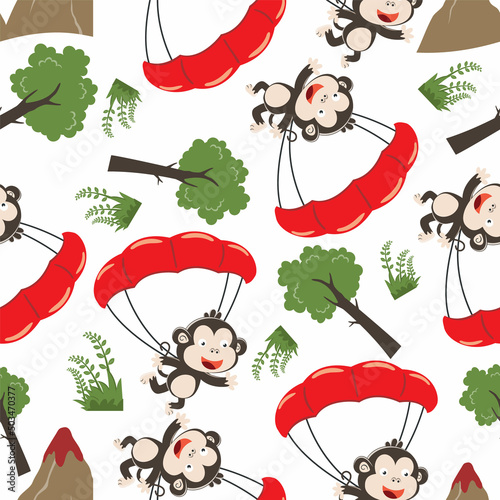 Seamless vector pattern with skydiver monkey, Design concept for kids textile print, nursery wallpaper, wrapping paper. Cute funny background.