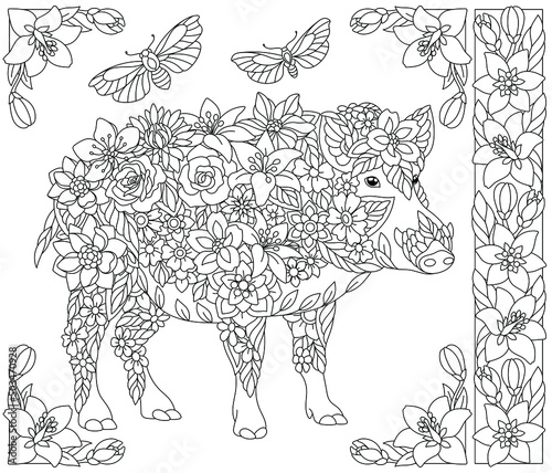 Adult coloring book page. Floral wild boar. Ethereal animal consisting of flowers, leaves and butterflies