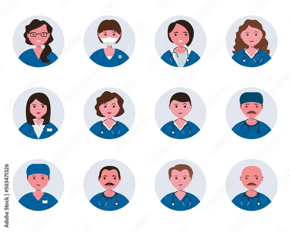 People portraits of males, females doctor and nurse. Men and women face avatars isolated at round icons set. Flat vector illustration People portraits of males, females doctor and nurse. Men and women face avatars isolated at round icons set. Flat vector illustration