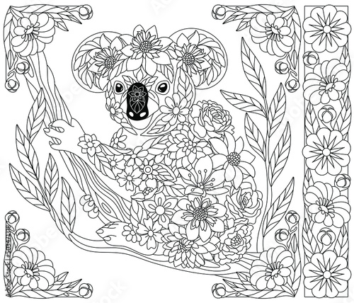 Adult coloring book page. Floral koala bear. Ethereal animal consisting of flowers and leaves