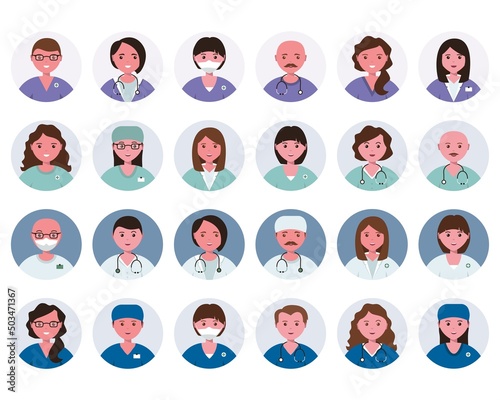 People portraits of males, females doctor and nurse. Men and women face avatars isolated at round icons set. Flat vector illustration