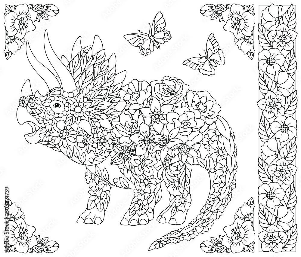 Adult coloring book page. Floral triceratops dinosaur. Ethereal animal ...
