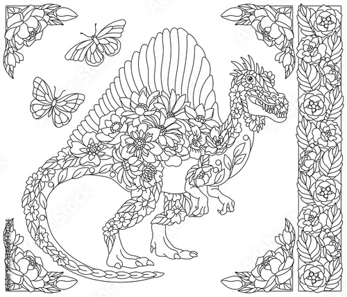 Adult coloring book page. Floral spinosaurus dinosaur. Ethereal animal consisting of flowers, leaves and butterflies