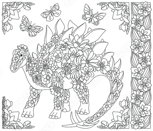 Adult coloring book page. Floral stegosaurus dinosaur. Ethereal animal consisting of flowers, leaves and butterflies