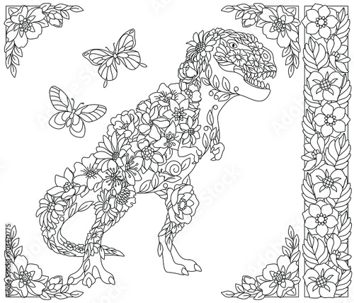 Adult coloring book page. Floral tyrannosaurus rex dinosaur. Ethereal animal consisting of flowers, leaves and butterflies
