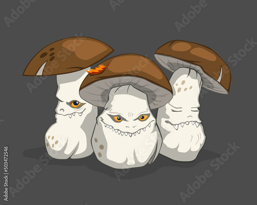 Halloween cartoon mushrooms. Scary forest monsters. Isolated evil plants. 2d game character. Fantastic horror art