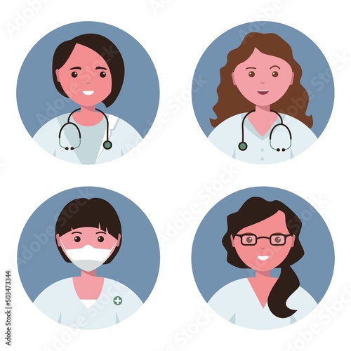 Set of Beautiful Female Doctors. Avatar for Medicine Design. Flat color Cartoon style.