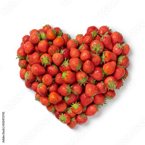 Fresh red ripe strawberries in heart shape isolated on white background