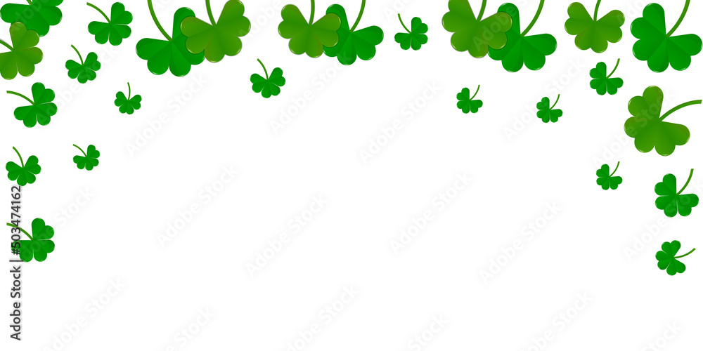 Clover background for Saint Patricks Day. Lucky trefoil confetti. Glitter frame of shamrock leaves. Template for voucher, special business ad, banner