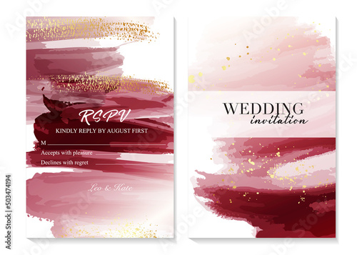 Burgundy and Gold Wedding Invitations, birthday party card, anniversary invitation watercolor abstract ink  greeting in vector