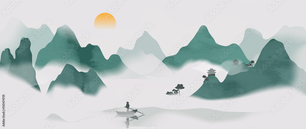 Lake and mountain landscape in chinese style background. Japanese watercolor painting with green hills, trees, chinese temples, boat in mist. Oriental wallpaper design for wall art, print, decor. - obrazy, fototapety, plakaty 
