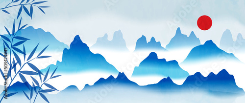 Mountain landscape in chinese style background. Japanese painting with hills, circle sun, bamboo leaf in watercolor texture. Oriental wallpaper in blue color. design for wall art, prints, decoration.