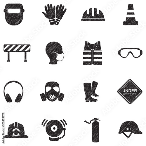 Job Safety Icons. Black Scribble Design. Vector Illustration.