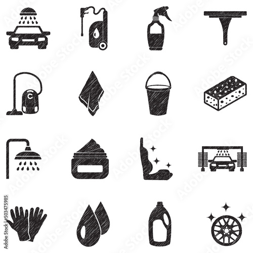 Car Cosmetics Icons. Black Scribble Design. Vector Illustration.