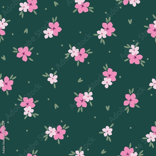 Seamless vintage pattern. pink flowers, light green leaves. Dark green background. vector texture. fashionable print for textiles, wallpaper and packaging.