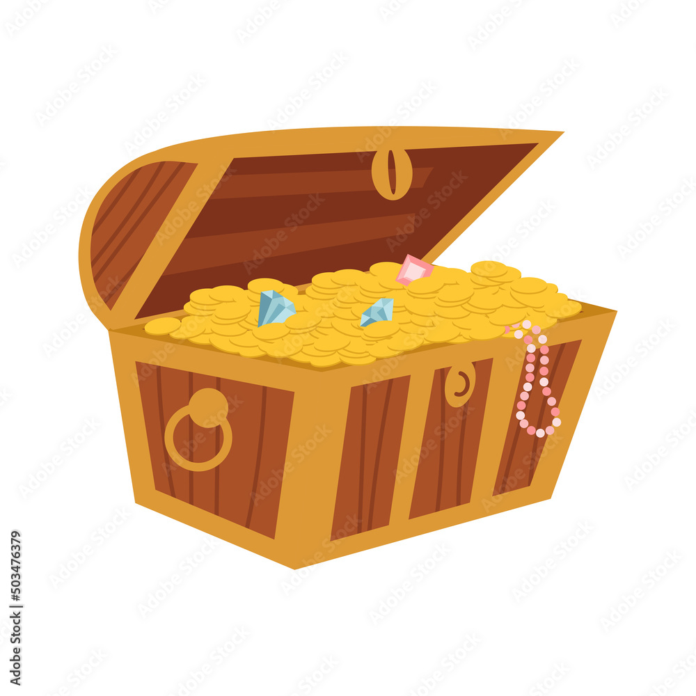 Treasure chest, coins and gems. Isolated on white background. Treasure chest, coins and gems. Isolated on white background.