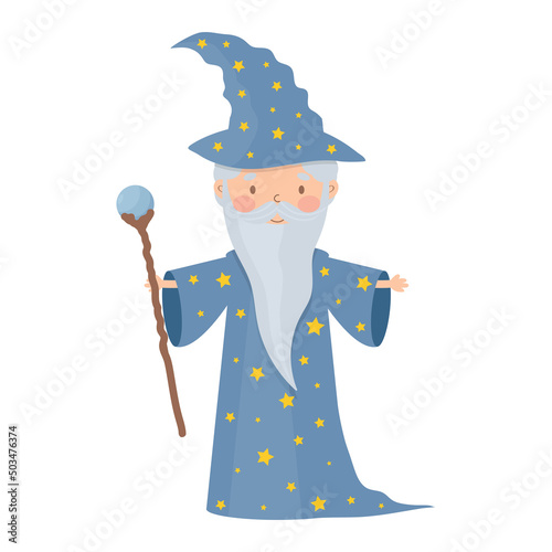 Cute cartoon fairy tale stargazer astrologer with staff. Isolated on white background.