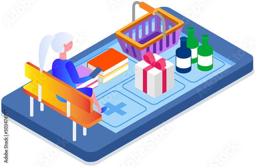 Shopping online on website or mobile application Marketing and digital sales, e-commerce app. Client makes purchases remotely with smartphone in online store, pays and orders delivery of goods