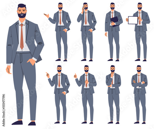 Set of businessmen in different poses and with gestures. Young bearded man in a suit and tie. Office worker, leader, isolated on white background. Phone conversation, presentation, show. Flat vector.