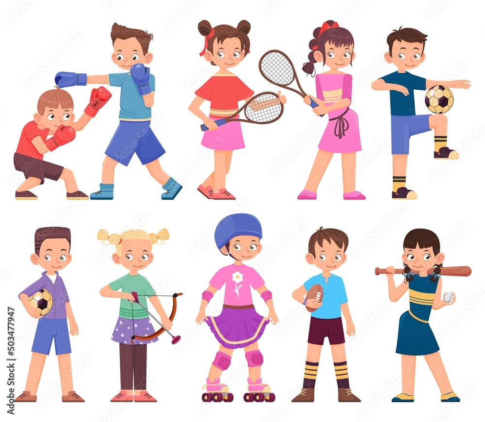 Children - boys and girls different sports cartoon style. Boxing, tennis, football, archer, roller, rugby, baseball. Children - boys and girls different sports cartoon style. Boxing, tennis, football, archer, roller, rugby, baseball.