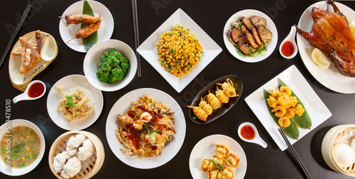 Billede på lærred Top view food platter combo set of traditional Cantonese yum-cha Asian gourmet c