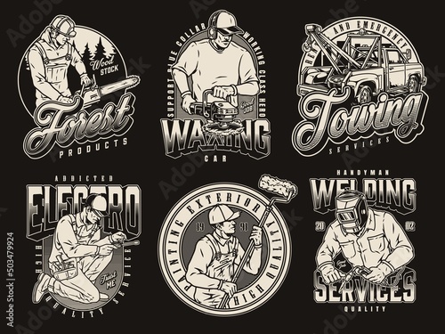 Monochrome vintage patches set with workers