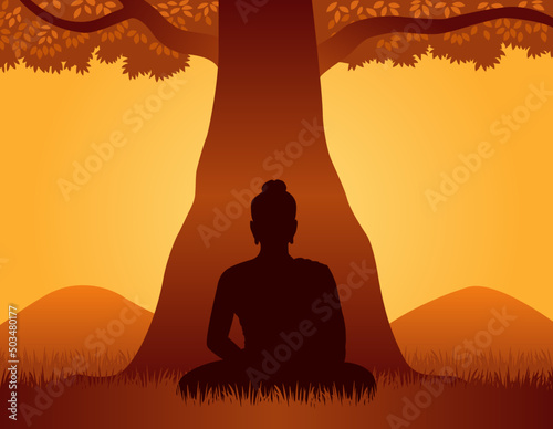 Silhouette of Siddhartha Gautama sitting under Bodhi Tree, Enlightenment of Buddha. Vector Illustration
