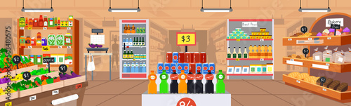 Supermarket interior, grocery shop with food and drinks on shelves. Hypermarket, food store for selling grocery, products. Self-service store design template. Various departments of modern supermarket