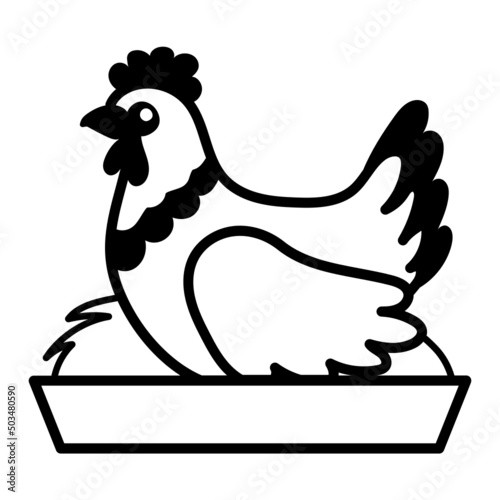 Farm Bird vector icon design, Poultry farming symbol, Meat or Eggs Production Sign, Protein and farmyard equipment stock illustration, Cute hen sitting on nest Concept