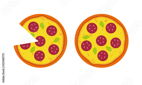 Whole pizza with salami toppings. Fast Food Illustration