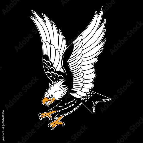 Old school style eagle tattoo design with black background